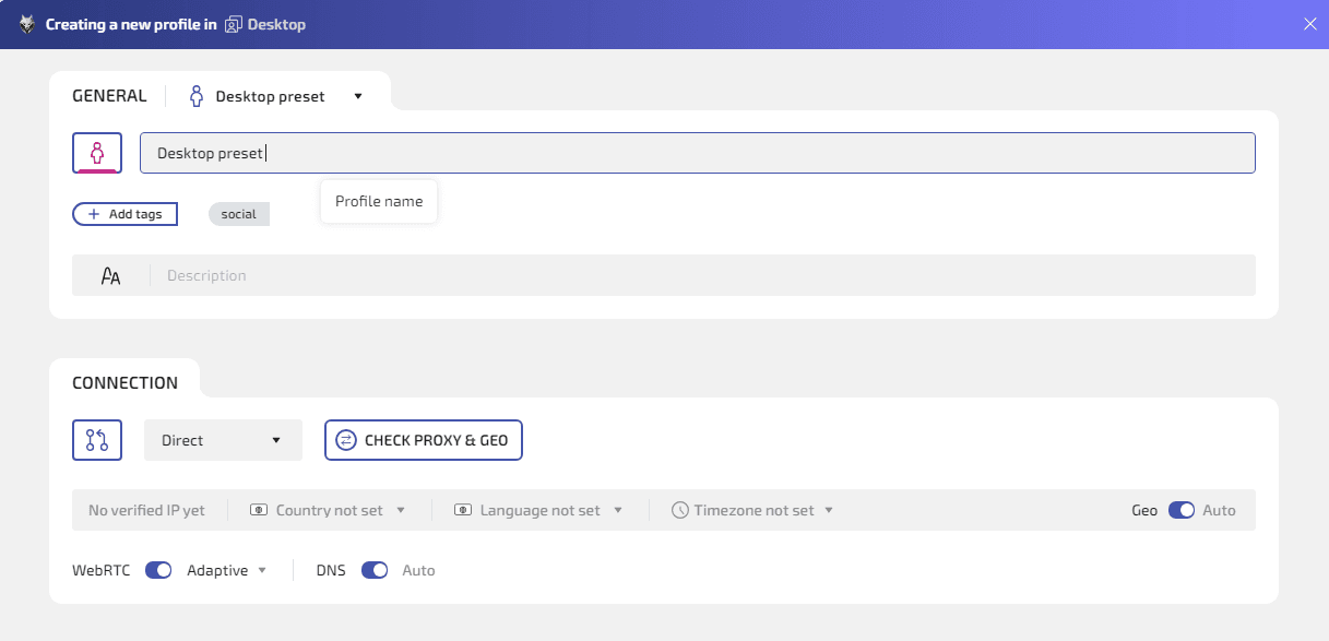 WADE X new profile screen showing GENERAL profile name and the CONNECTION tab with type selector and CHECK PROXY & GEO