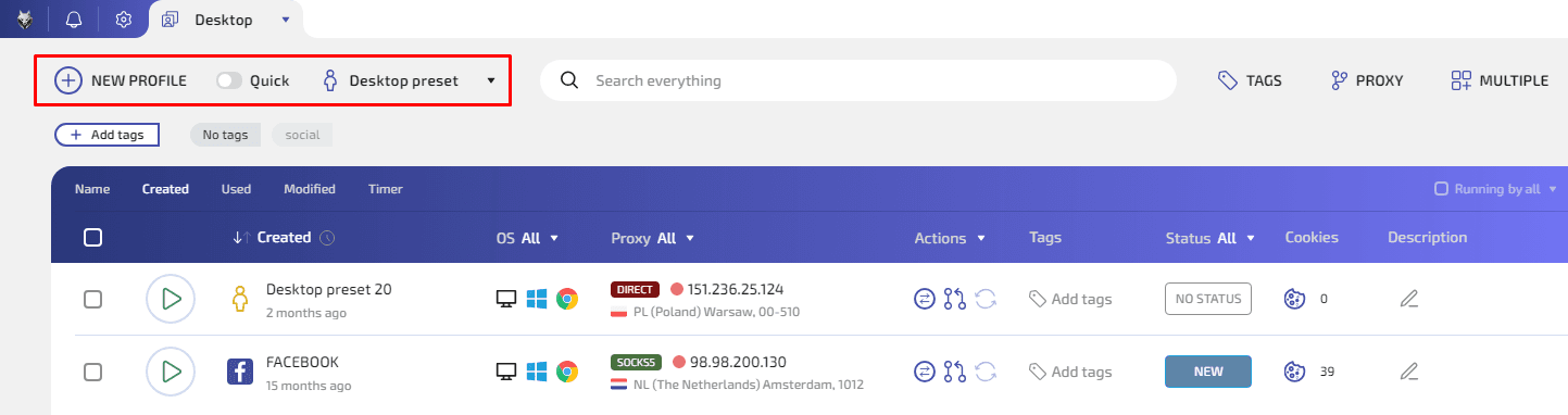WADE X Desktop profile list with NEW PROFILE highlighted and per-profile proxies shown — one DIRECT, one SOCKS5 with a Netherlands IP